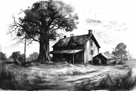 Old barn and trees ink black and white illustration. photo