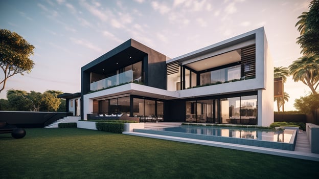 Exterior of modern luxury house with garden and beautiful sky photo