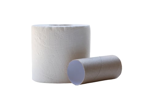 Single roll of white tissue paper or napkin prepared for use in toilet or restroom isolated on white background with clipping path photo