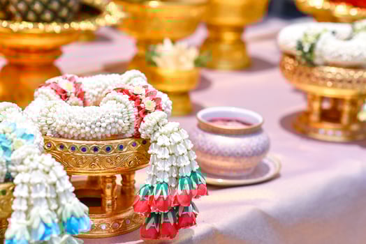 Jasmine garland on golden tray, respect and worship photo