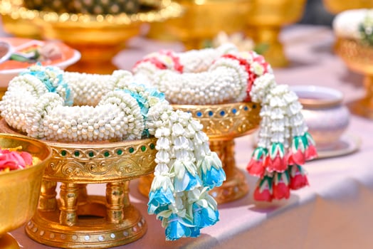 Jasmine garland on golden tray, respect and worship photo