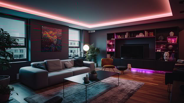 Interior of stylish living room with neon lighting, photo