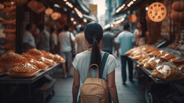 Woman tourist walking in chinatown on china travel. Asian girl on Wangfujing food street during Asia summer vacation, photo