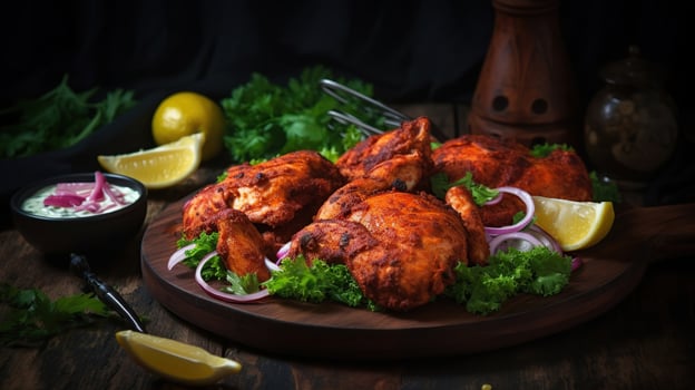 Homemade tandoori chicken served with salads, arabian spicy food concept, photo
