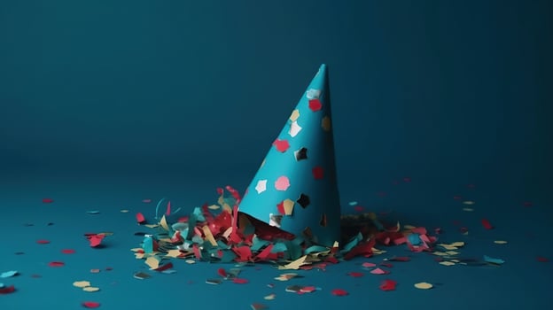 Colored confetti and party hat on blue background, photo