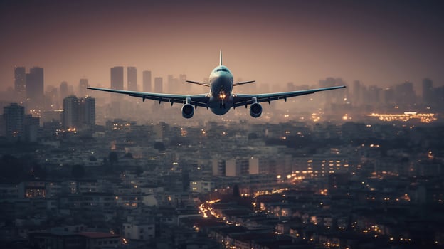 Airplane flying above tropical sea at amazing sunset, photo