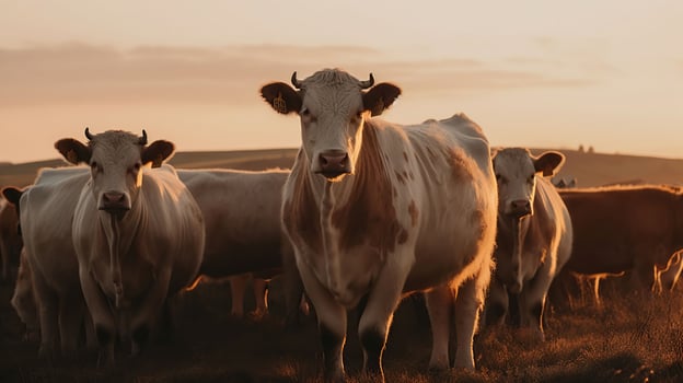 A herd of cows looking at the camera in Orkney countryside at sunset, photo