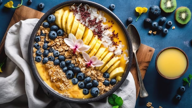Healthy pineapple, mango smoothie bowl with coconut, bananas, blueberries and granola. dark baground, photo