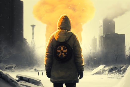 Nuclear winter after atomic bomb blow. Nature world disaster. Man in gas mask. Biohazard. Child suffer photo