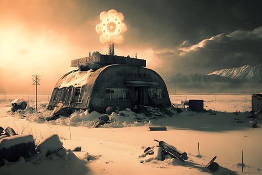 Nuclear winter after atomic bomb blow. Nature world disaster. Man in gas mask. Biohazard. Child suffer photo