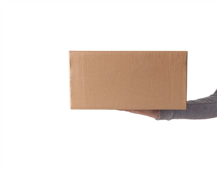 Delivery cardboard boxes in woman hand isolated photo