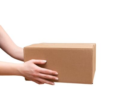 Delivery cardboard boxes in woman hand isolated photo