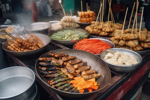 Asian street food. Traditional oriental dishes at street market. photo