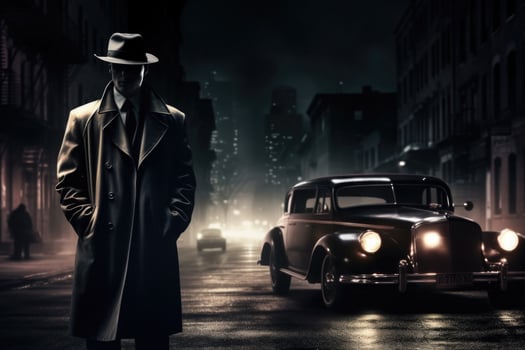 Silhouette of man in old fashioned hat and coat at night street. photo