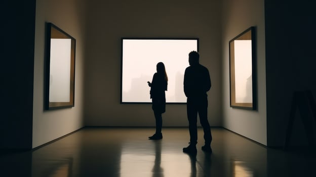 Peoples Silhouettes Looking on the Empty Frame in Art Gallery Illustration photo