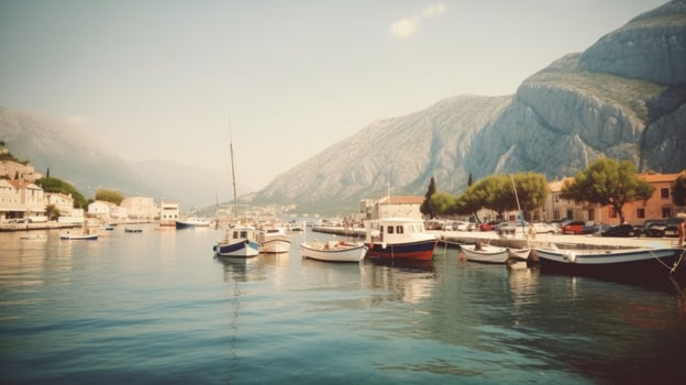 Harbor and boats at sunny day. Illustration photo