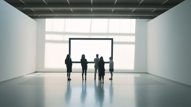 Peoples Silhouettes Looking on the Empty Frame in Art Gallery Illustration photo