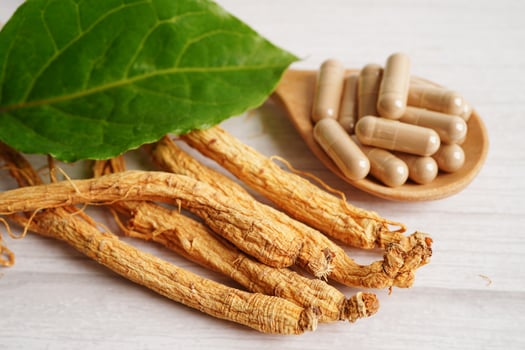 Lingzhi or Reishi mushroom with capsules, organic natural healthy food. photo
