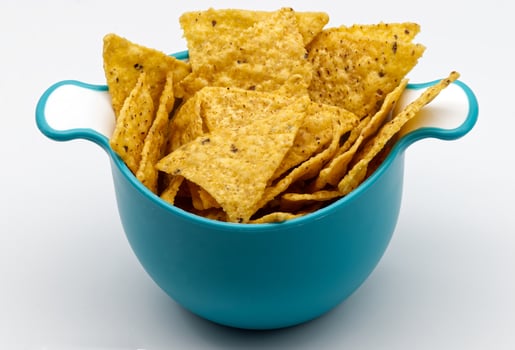 Nachos in a plastic bowl. Tortilla chips isolated on white background. photo
