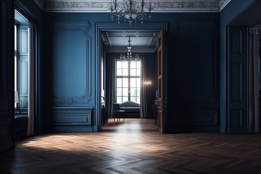 Dark blue wall doors and parquet in classic style. photo