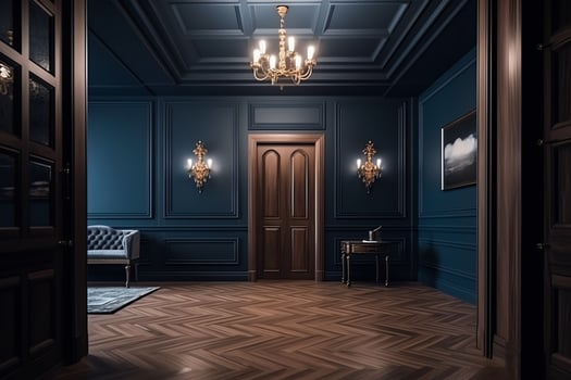 Dark blue wall doors and parquet in classic style. photo