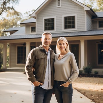 Portrait of happy mature couple standing in front of their new house photo