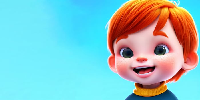 Happy cute redhead boy isolated on blue background. Children's Day banner. photo