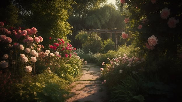 , Beautiful summer private garden with many flowers and plants, nature landscape, english countryside cottage style photo