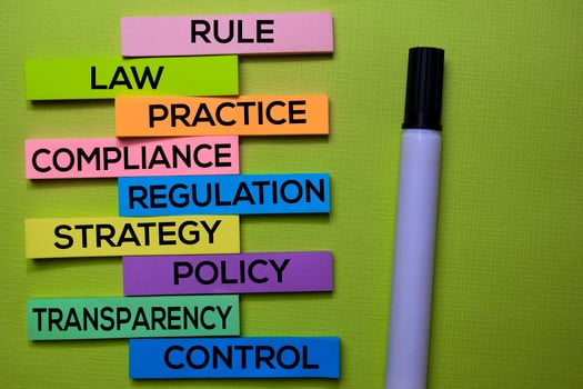 Rule, Law, Practice, Compliance, Regulation, Strategy, Policy, Transparency, Control text on sticky notes isolated on green desk. Mechanism Strategy Concept photo
