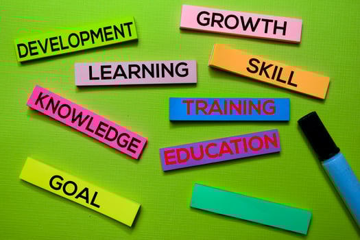 Training, Education, Development, Growth, Learning, Skill, Knowledge, Goal text on sticky notes isolated on green desk. Mechanism Strategy Concept photo
