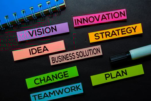 Vision, Innovation, Idea, Business Solution, Strategy, Change, Teamwork, Plan text on sticky notes isolated on Black desk. Mechanism Strategy Concept photo