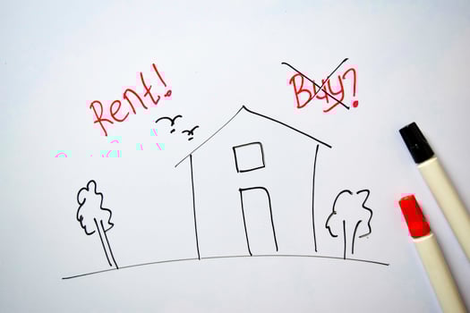 Rent and Buy text isolated on white board background. photo