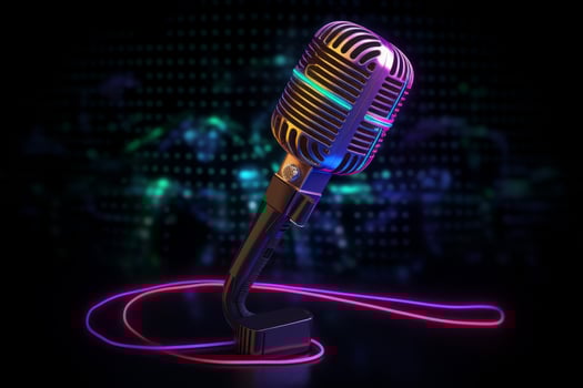 Neon black microphone background. Illustration photo