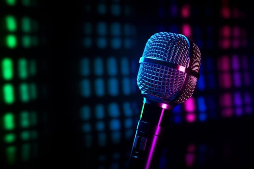 Neon black microphone background. Illustration photo
