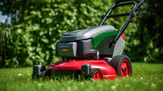 Lawn mover on green grass. Illustration photo