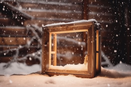 Winter Christmas snowy frame with copy space. Wooden light boards are covered with snow with clean free empty space for text. photo