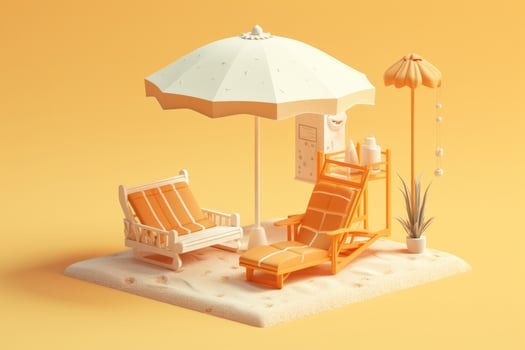 Sun lounger and umbrella in a sunny beach, 3D Render. photo