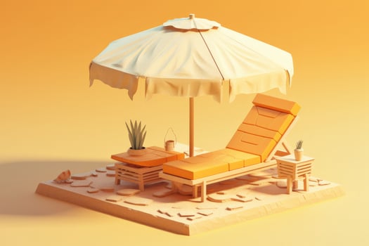 Sun lounger and umbrella in a sunny beach, 3D Render. photo