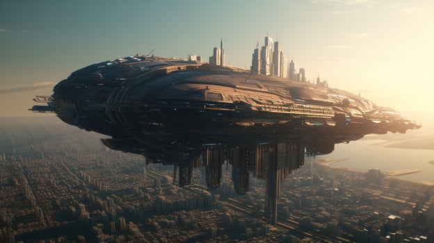 colossal spaceship hovers in the city sky, digital art illustration, photo