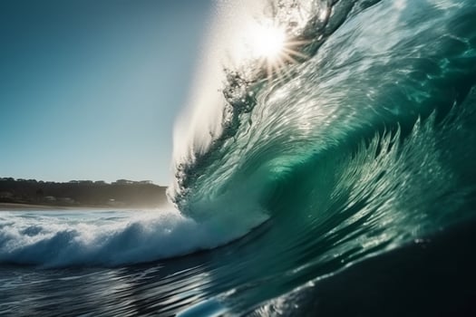 Tropical blue surfing wave. Sunshine in the wave barrel. No people. Beautiful deep blue tube wave in the Ocean. photo