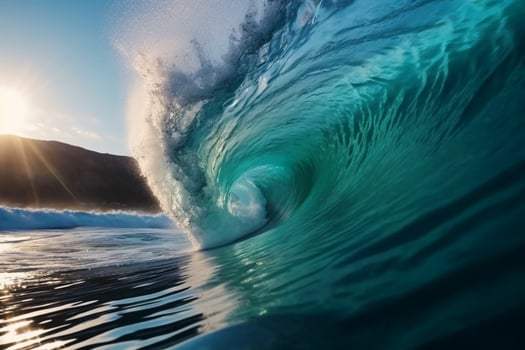 Tropical blue surfing wave. Sunshine in the wave barrel. No people. Beautiful deep blue tube wave in the Ocean. photo