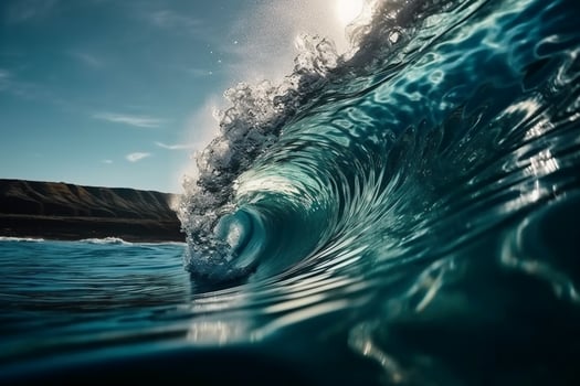 Tropical blue surfing wave. Sunshine in the wave barrel. No people. Beautiful deep blue tube wave in the Ocean. photo