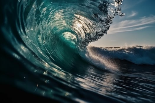 Tropical blue surfing wave. Sunshine in the wave barrel. No people. Beautiful deep blue tube wave in the Ocean. photo