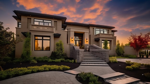 Exterior of modern luxury house with garden and beautiful sky photo