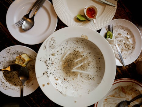 Dishes are messed up after eating on the table. photo