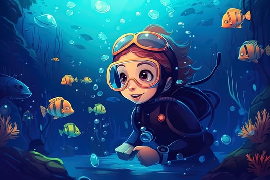 Cartoon style scuba diver in the sea surrounded by colorful fish. . photo