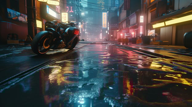 , Night scene of after rain city in cyberpunk style, futuristic nostalgic 80s, 90s. Neon lights vibrant colors, photorealistic horizontal illustration. photo