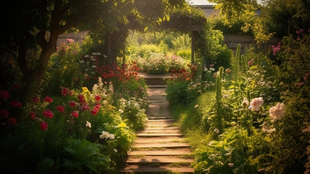 , Beautiful summer private garden with many flowers and plants, nature landscape, english countryside cottage style photo