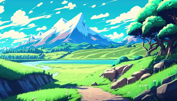A beautiful anime style summer landscape. Green valley, river, high mountains with snow capped peaks, blue sky with white clouds. . photo