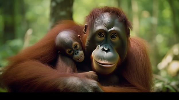 Orangutan mother and child. Illustration photo